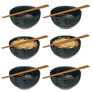 Pokebowl/noedels servies - 6x stuks kommetjes met chopsticks - kunststeen - jade groen