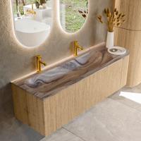 Badmeubel Mondiaz Kurve-Dlux | 145 cm | Meubelkleur Oak | Wastafelkleur Sombra | Solid surface | Wasbak linker zijde spoelbak | 2 kraangaten
