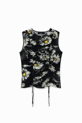 Gerimpeld T-shirt bloemen - BLACK - XL
