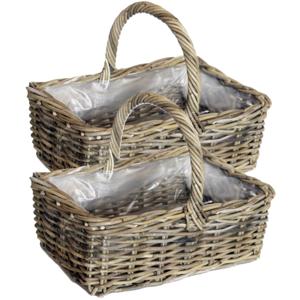 Mand met hengsel - 2x - bruin - 40 x 28 x 30 cm - rotan - gevlochten riet - hengselmand