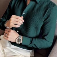 Bon&Bon Men's Waffle Knit Shirt - Black Long Sleeve Button Front Dark Green / L