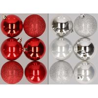 12x stuks kunststof kerstballen mix van rood en zilver 8 cm - thumbnail