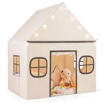 Speelhuis Kinderen Indoor Kinder Tent met Sterrenlichtjes & Gevoerde Mat Beige + Bruin