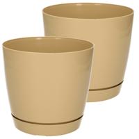 Plantenpot/bloempot met opvangschaal - Set van 2x stuks - kunststof - beige - D16 x H14 cm - binnen/