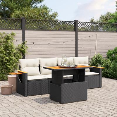5-delige Loungeset met kussens poly rattan zwart