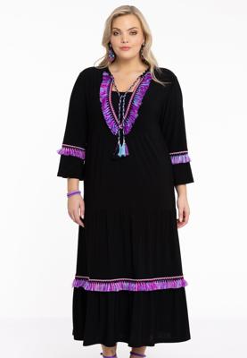 Yoek Jurk lang met franjes | Zwart | Maat 58/60