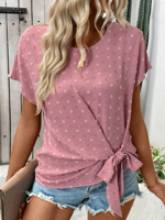 Women's Short Sleeve Blouse Summer Pink Plain Knot Front Crew Neck Daily Going Out Top - thumbnail