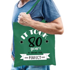 Cadeau tas voor heren - 80 en perfect - groen - katoen - 42 x 38 cm - tachtig - shopper