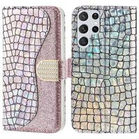 Croco Bling Series Samsung Galaxy S23 Ultra 5G Portemonnee Hoesje - Rose Gold