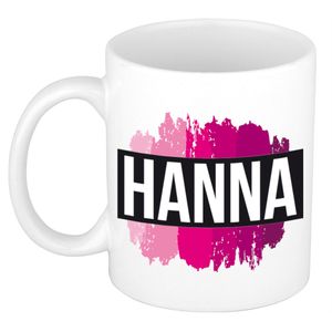 Naam cadeau mok / beker Hanna  met roze verfstrepen 300 ml   -