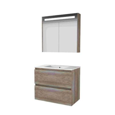 Basic-Line Premium 46 Badkamermeubelset - 80 x 46 cm - Greeploos - 2 Lades - Keramische Wastafel - 1 Kraangat - Spiegelkast met LED Verlichting - Scotch Oak