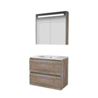 Basic-Line Premium 46 Badkamermeubelset - 80 x 46 cm - Greeploos - 2 Lades - Keramische Wastafel - 1 Kraangat - Spiegelkast met LED Verlichting - Scotch Oak