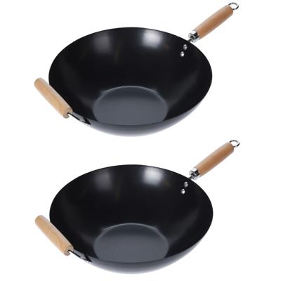 Excellent Houseware Wokpan - Set van 2x stuks - steelwok - met houten handvat - Dia 35 cm - metaal/h