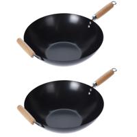 Excellent Houseware Wokpan - Set van 2x stuks - steelwok - met houten handvat - Dia 35 cm - metaal/h