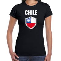 Chili landen supporter t-shirt met Chileense vlag schild zwart dames - thumbnail