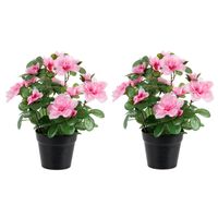 Azalea Kunstbloemen - 2 stuks - in pot - roze - H25 cm