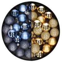 40x stuks kleine kunststof kerstballen donkerblauw en goud 3 cm   - - thumbnail