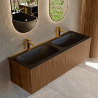 Mondiaz KURVE 140 cm Onderkast Greeploos 2 Lades Zonder Deuren Walnut, Wastafel Solid Surface Dubbel Urban 2 Kraangaten Zonder Spiegel (KRVBGS1402L0D2KD-Wal/Urb)