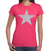 Zilveren ster glitter t-shirt fuchsia roze dames