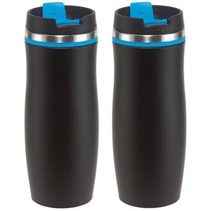 Koffie en Thee thermosbeker/warmhoud beker - 2x - zwart/blauw - 400 ml - Isoleerbeker dubbelwandig