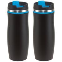 Koffie en Thee thermosbeker/warmhoud beker - 2x - zwart/blauw - 400 ml - Isoleerbeker dubbelwandig - thumbnail