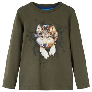 Kindershirt met lange mouwen wolvenprint 116 kakikleurig