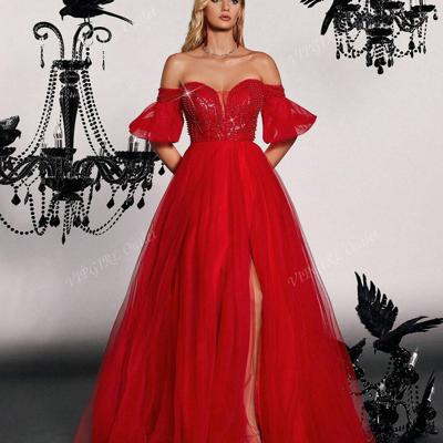 Red Off Shoulder Sequin Bodice Mesh A-Line Prom Dress Red / S