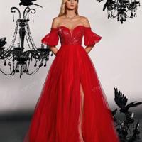 Red Off Shoulder Sequin Bodice Mesh A-Line Prom Dress Red / S