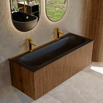 Mondiaz KURVE 120 cm Onderkast Greeploos 1 Lade Zonder Deuren Walnut, Wastafel Solid Surface Volledig Urban 2 Kraangaten Zonder Spiegel (KRVBGL1201L0D2KM-Wal/Urb)