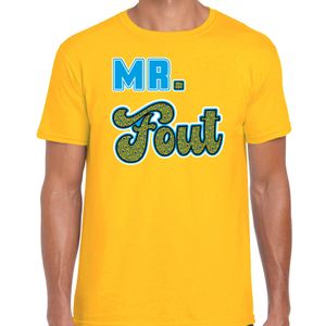 Verkleed t-shirt voor heren - Mr. Fout met pauwenprint - geel/blauw - carnaval