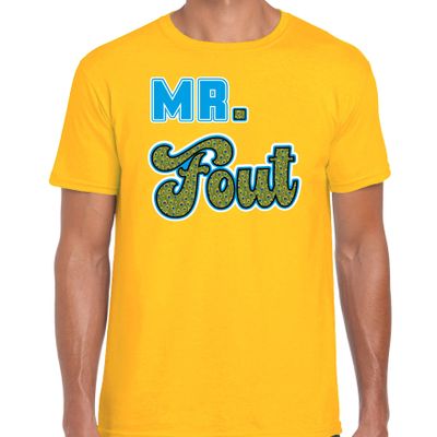 Verkleed t-shirt voor heren - Mr. Fout met pauwenprint - geel/blauw - carnaval