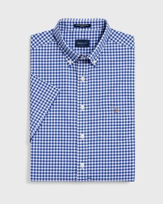 GANT Overhemd Blauw Geruit Korte Mouw Button Down Regular Fit