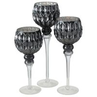 Luxe glazen design kaarsenhouders/windlichten set van 3x stuks antraciet/zilver transparant 30-40 cm - thumbnail