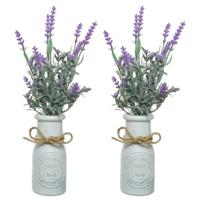 2x stuks lichtpaarse Lavendula/lavendel kunstplant 32 cm in witte pot