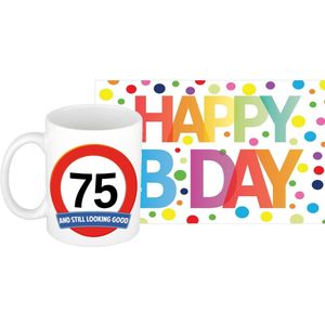 Verjaardag cadeau mok/beker 75 jaar print 300 ml + A5-size wenskaart Happy Birthday