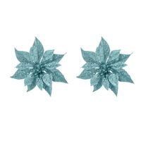 2x stuks decoratie bloemen kerstster ijsblauw glitter op clip 18 cm