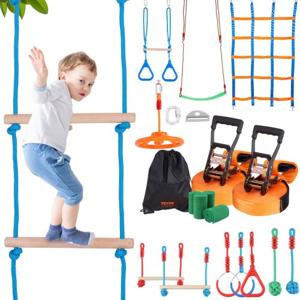 VEVOR Ninja Slackline Obstakels Set 2 x 19,8 m Slacklines, 500 lb laadvermogen Ninja Obstacle Course Buitenspeeltoestel Uitrusting voor achtertuinspeelgoed Trainingsuitrusting met 12 hindernissen