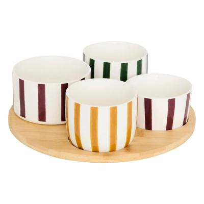5Five Serveerplank acacia - met 4x schaaltjes wit/kleuren - D25 cm - tapas/saus schaaltjes - hapjes