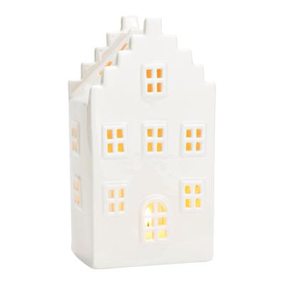 Windlicht huis glanzend van keramiek, wit (B/H/D) 11x20x8cm