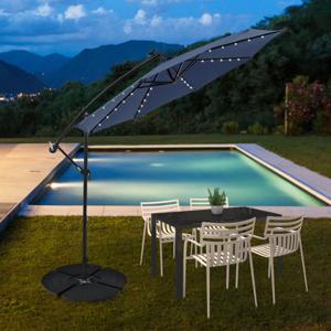 300 cm Grote Verplaatsbare Parasol met 40 Lampen & Zonnepanelen Marktparasol Verlichte Vrijstaande Parasol voor Tuin Grijs/Donkerblauw