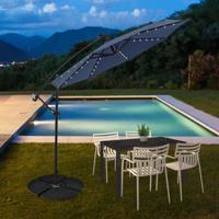 300 cm Grote Verplaatsbare Parasol met 40 Lampen & Zonnepanelen Marktparasol Verlichte Vrijstaande Parasol voor Tuin Grijs/Donkerblauw