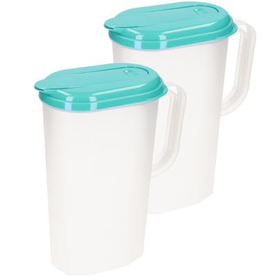 Plasticforte Waterkan met deksel - 2x stuks - 2 liter - blauw/ transparant - kunststof - smal