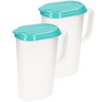 Plasticforte Waterkan met deksel - 2x stuks - 2 liter - blauw/ transparant - kunststof - smal