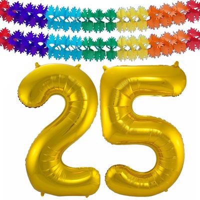 Grote folie ballonnen cijfer 25 in het goud 86 cm en 2x feestslingers Grote folie ballonnen cijfer 25 in het goud 86 cm en 2x feestslingers