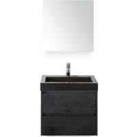 Dante Badmeubelset 60 cm - Black Oak - Wastafel Hardsteen Wit Lucca met Spiegelkast