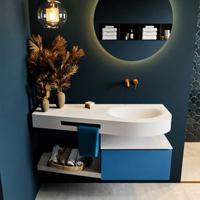 MONDIAZ RIVA 120cm badmeubel onderkast / planchet kleur Jeans met 1 lade. Wastafel DULCET rechts 0 kraangaten kleur Talc. MONDIAZ RIVA 120cm badmeubel onderkast / planchet kleur Jeans met 1 lade. Wastafel DULCET rechts 0 kraangaten kleur Talc.