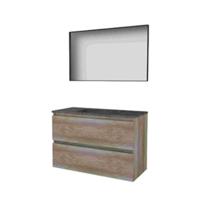 Basic-Line Framed 46 Badkamermeubelset - 100 x 46 cm - Greeploos - 2 Lades - Hardstenen Wastafel - Zonder Kraangat - Spiegel met Zwart Aluminium Frame - Scotch Oak