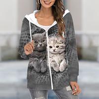 Dames Oversized Hoodie sweatshirt ritsen Kat Casual Sport Trekkoord Rits omhoog Voorvak Grijs Actief Sportkleding Capuchon Lange mouw Bovenkleding Micro-elastisch Herfst winter Lightinthebox