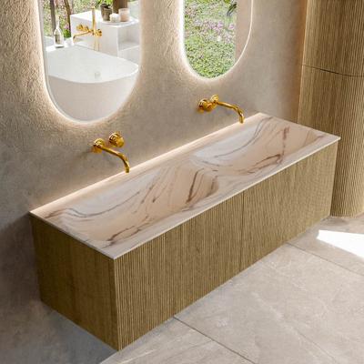 Badmeubel Mondiaz Kurve-Dlux | 140 cm | Meubelkleur Dusk | Wastafelkleur Nata | Solid surface | Wasbak beide zijden spoelbak | Zonder kraangat(en)