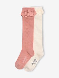 Set van 2 paar hoge meisjessokken in tricot met ajour en kant rouge